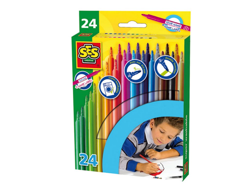 SES СЕС- ФУЛМАСТРИ 24 ЦВЯТА Writing and colouring Markers, 24 colours, washable 8710341020521
