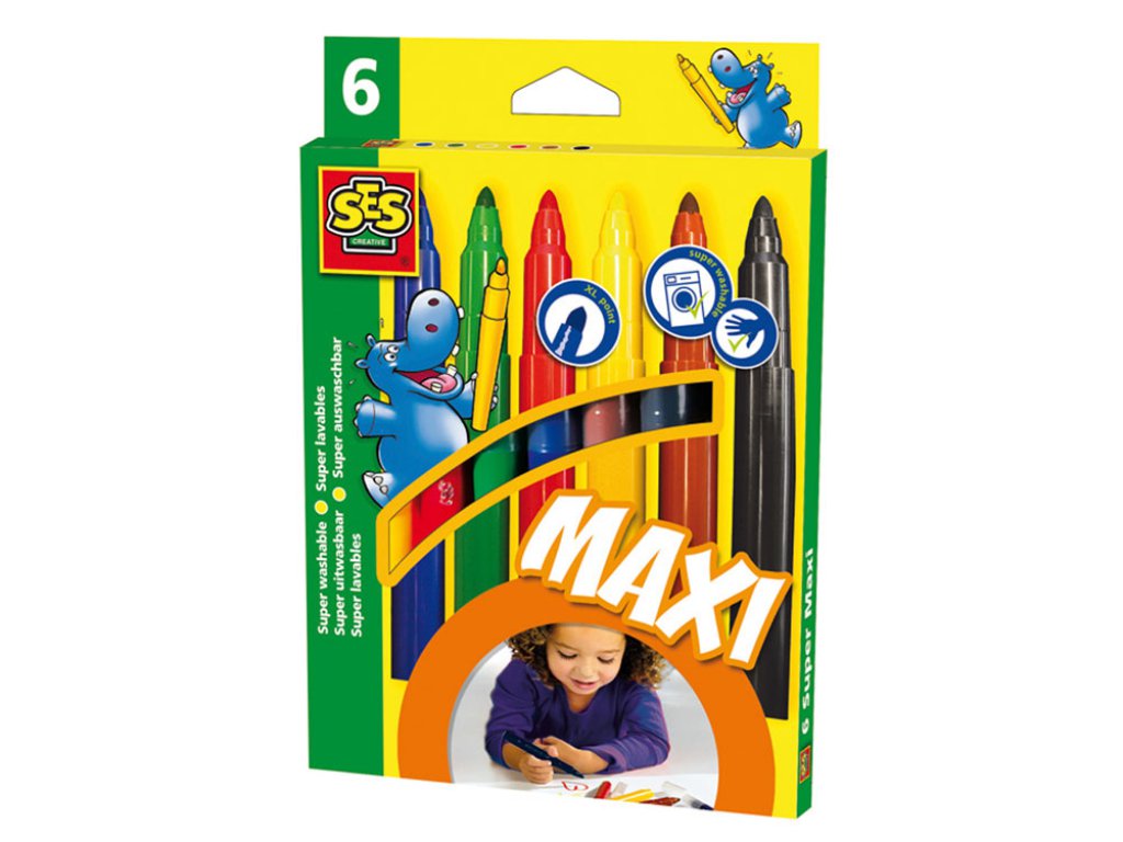 SES СЕС-МАКСИ МАРКЕРИ 6 ЦВЯТА Writing and colouring Marker pens, super maxi, 6 colours 8710341002671